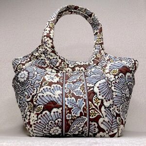 Vera Bradley Quilted Cotton Purse Handbag Tote-Light Blue/Brown Floral-Preppy